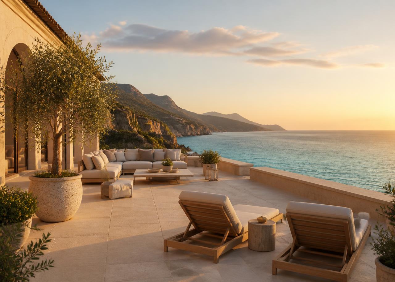 Quiet coastal resort terrace overlooking the sea at golden hour
